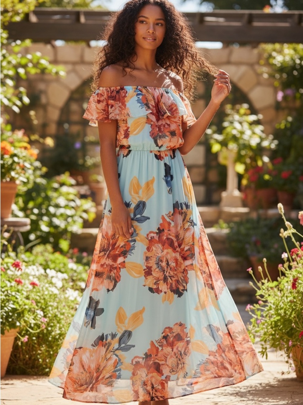 Bisou Bisou Floral Maxi Dress NWOT Size 14 Off Shoulder Boho Summer Vacation